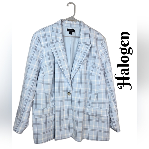 Halogen Womens Blazer Sz 22W Ligh Blue & Gray Window Pane One Button Lined - Picture 1 of 11